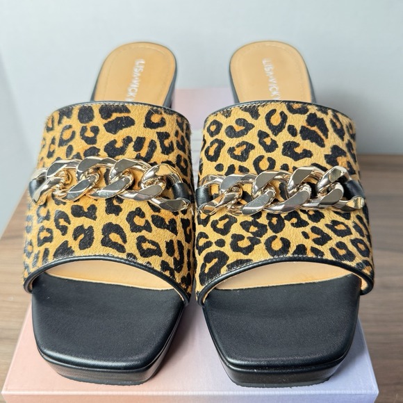 Lisa Vicky Magnetic3V Cognac Leopard Slip On Heel Sandal Gold Chain 7M New - Picture 2 of 8